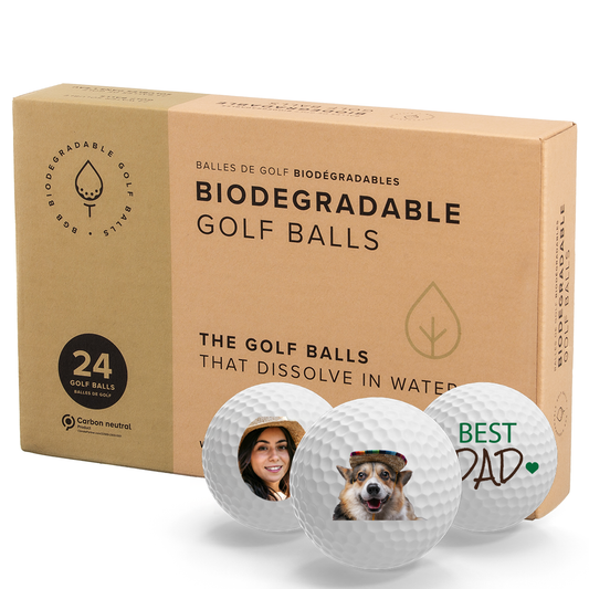 A pack of eco friendly golf balls with custom logo print.