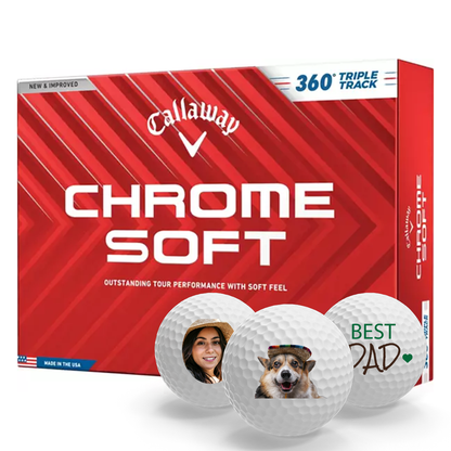 A pack of custom Callaway Chrome Soft golf balls.