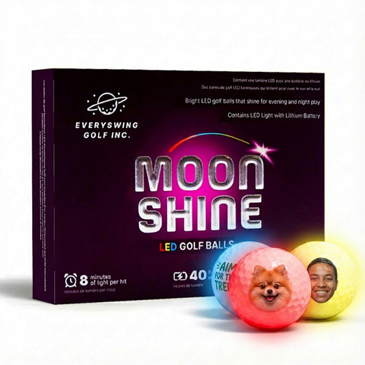 Custom MoonShine LED golf balls that light up on impact with personalized print