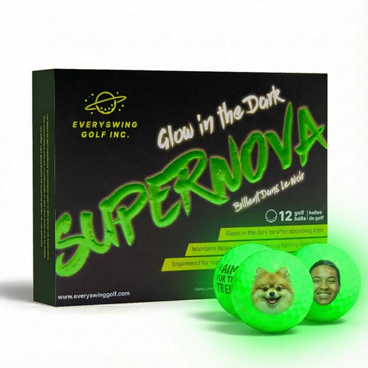 Custom SuperNova glow-in-the-dark golf balls with personalized design