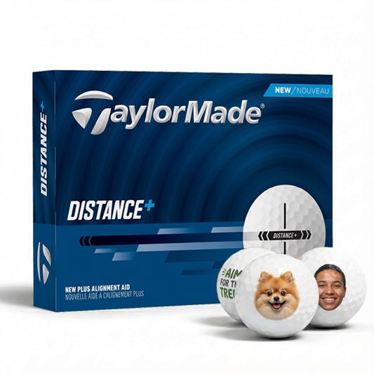 Custom TaylorMade Distance+ golf balls with personalized printing